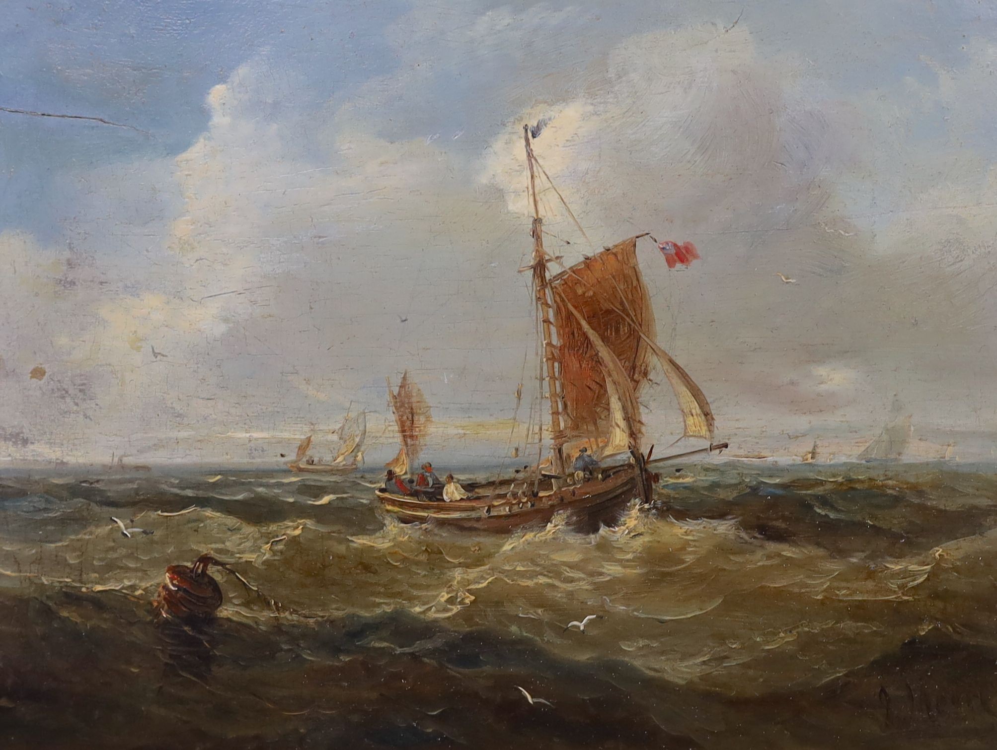 John Moore of Ipswich (1820-1902), Fishing boats off the coast, oil on wooden panel, 18 x 24cm, unframed